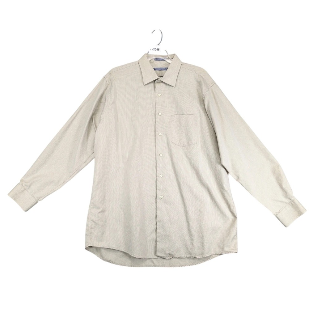 Vintage Markham Beige Pinstripe Dress Shirt Mens L 17 Made in Canada 80s 2-Ply